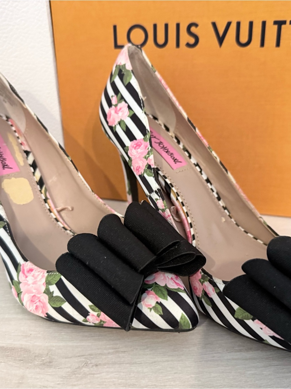 Betsey Johnson Black-Striped Floral Pointed Toe Heels with Bow